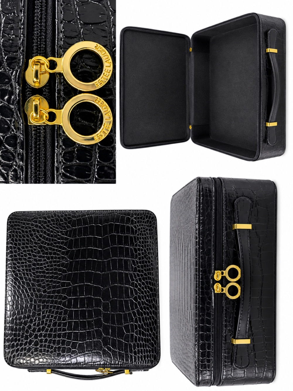 Estee Lauder Black Croc-Embossed Makeup Case with Gold Hardware